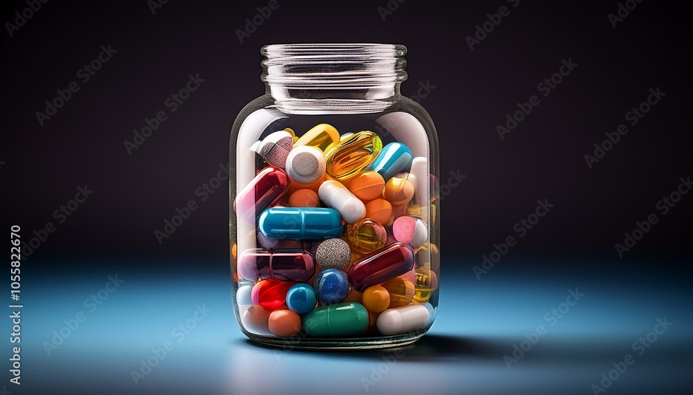 Jar filled with colorful capsules and tablets against a dark background. Jar filled with colorful capsules and tablets against a dark background.