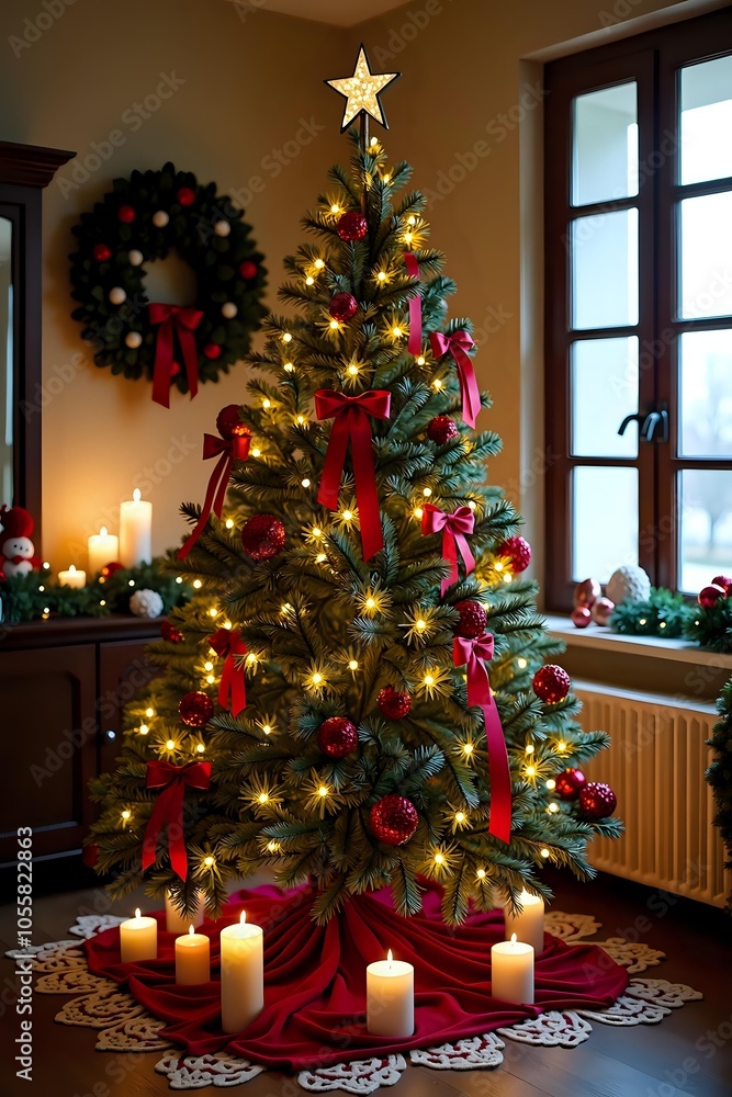 Greek Christmas tree decorated with red bows, ornaments, and warm lights, surrounded by candles, in a cozy living room with a window and wreath in the background, festive and peaceful holiday ambiance Greek Christmas tree decorated with red bows, ornaments, and warm lights, surrounded by candles, in a cozy living room with a window and wreath in the background, festive and peaceful holiday ambiance