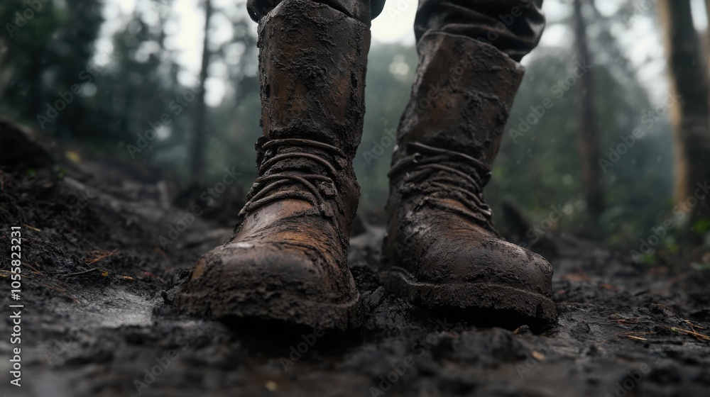 Boots covered in layers of mud, set against a forest background Boots covered in layers of mud, set against a forest background