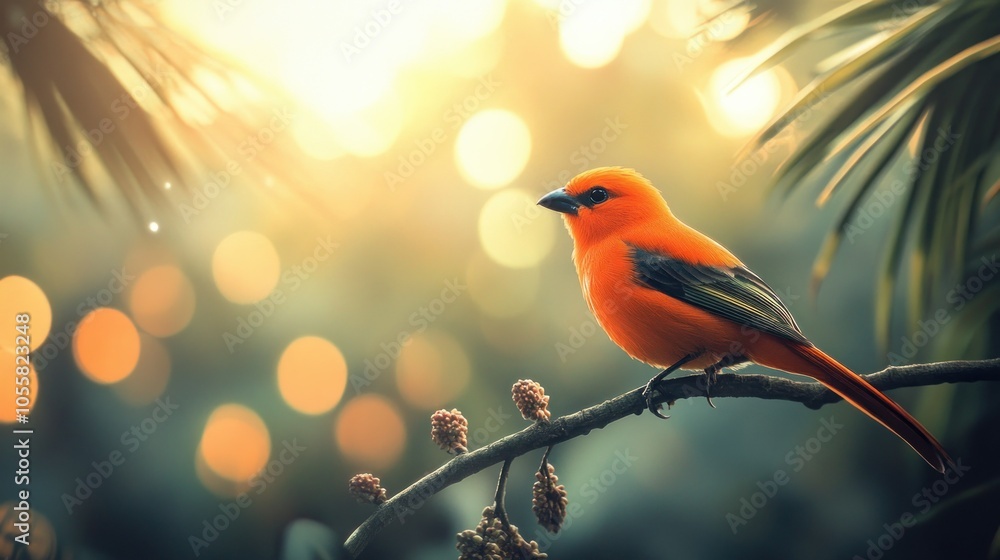 A Vibrant Orange Bird Perched on a Branch in a Sun-Dappled Forest A Vibrant Orange Bird Perched on a Branch in a Sun-Dappled Forest
