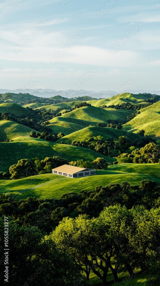 Obraz premium Breathtaking Green Hills with Modern Architecture Amidst Scenic Nature Landscape