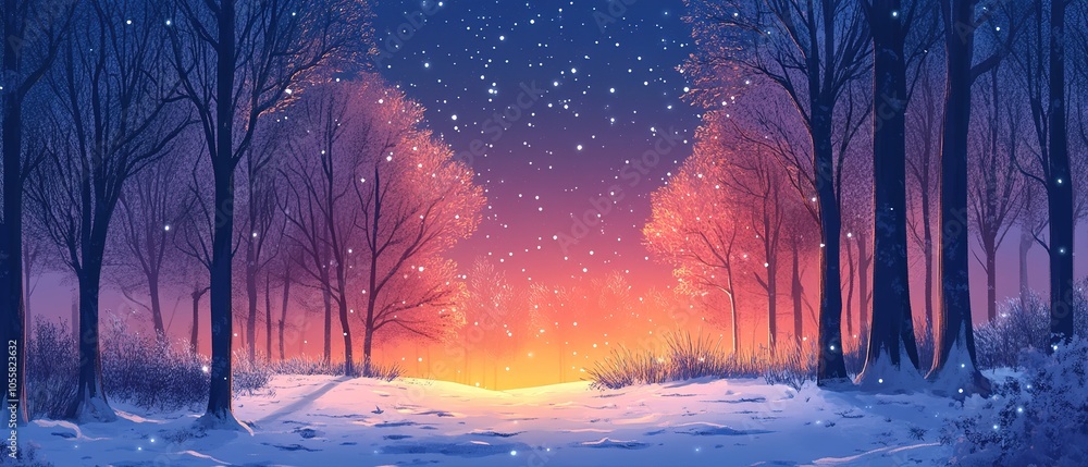 Obraz premium Winter forest and starry night sky 