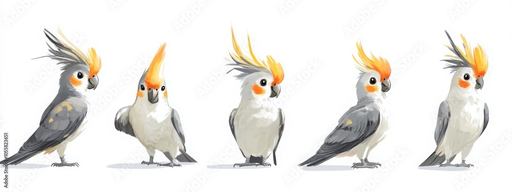 Cockatiel parrot with grey body, yellow head, and orange cheek patches Cockatiel parrot with grey body, yellow head, and orange cheek patches