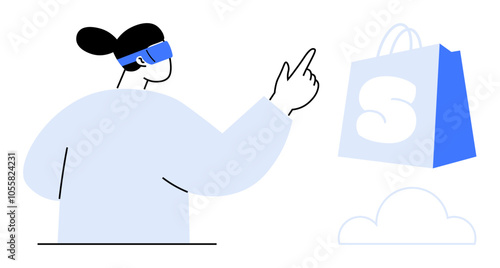 A person interacts with a virtual shopping bag while wearing a VR headset. Ideal for technology innovation retail shopping e-commerce and future concepts. Simple vector graphic with a minimalistic