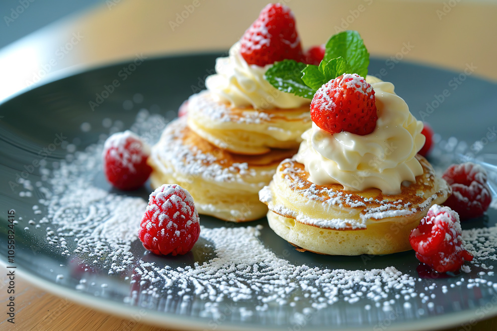 Airy cake with cream and red berries on a saucer. Airy cake with cream and red berries on a saucer.