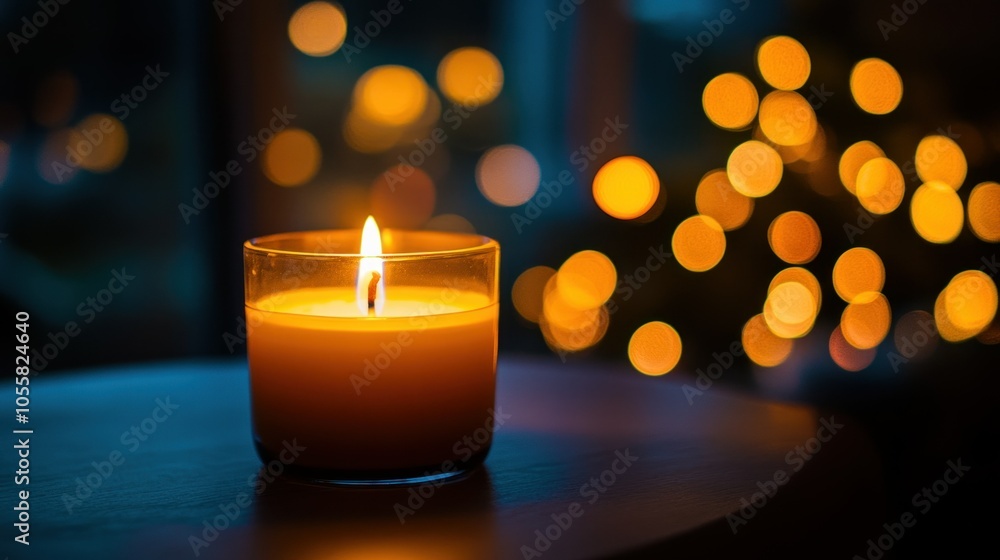 A Single Candle Burning Brightly Against a Background of Warm Bokeh Lights A Single Candle Burning Brightly Against a Background of Warm Bokeh Lights