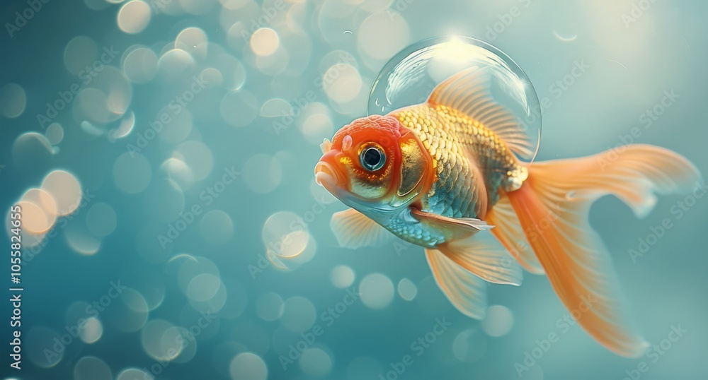 A Single Goldfish Swims Inside a Bubble in an Aquarium A Single Goldfish Swims Inside a Bubble in an Aquarium