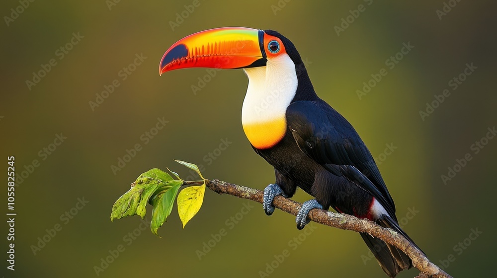 A Vibrant Toucan Perched on a Branch with Green Leaves A Vibrant Toucan Perched on a Branch with Green Leaves