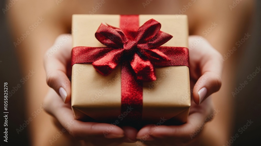A beautifully wrapped gift with a red bow held in eager hands, evoking feelings of joy and anticipation during a special celebration A beautifully wrapped gift with a red bow held in eager hands, evoking feelings of joy and anticipation during a special celebration