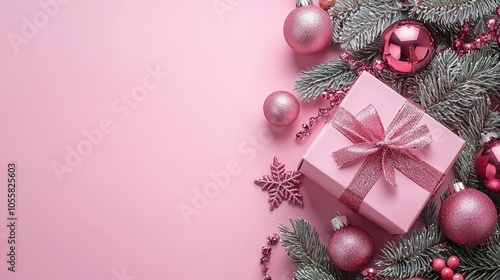 lovely flat lay showcases pink gift box with bow surrounded sparkling ornaments and evergreen branches on soft pink background ideal for holiday celebrations.