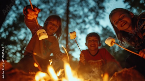 A low-angle view of children roasting marshmallows over a campfire using the sticks, with the background softly blurred for depth.