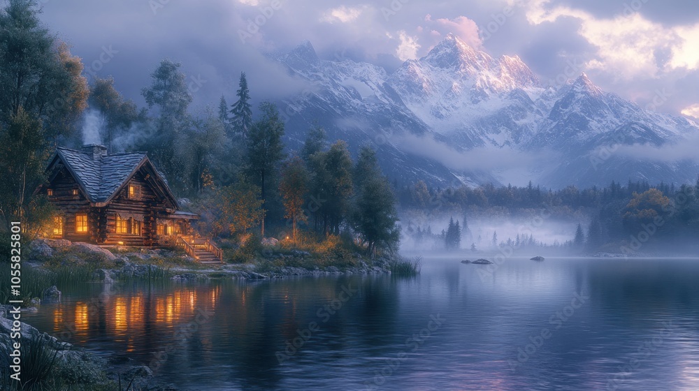 Serene lakeside cabin at dusk with mountains in the background. Serene lakeside cabin at dusk with mountains in the background.