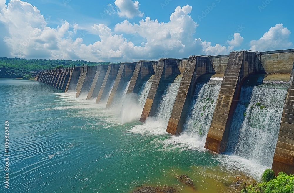 Concrete Dam With Waterfall Flowing Into a River on a Sunny Day Concrete Dam With Waterfall Flowing Into a River on a Sunny Day