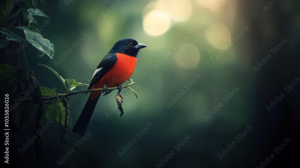 A Vibrant Red and Black Bird Perched on a Branch in a Lush Green Forest A Vibrant Red and Black Bird Perched on a Branch in a Lush Green Forest