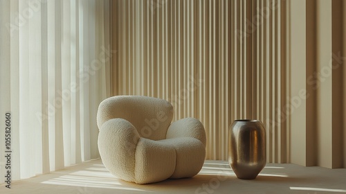 Elegant Minimal Living Interior: Bouclé Accent Chair and Modernist Metal Vase Against Corrugated Wall Panels. Soft Daylight and Dove Grey Palette. Premium Architectural Design. photo