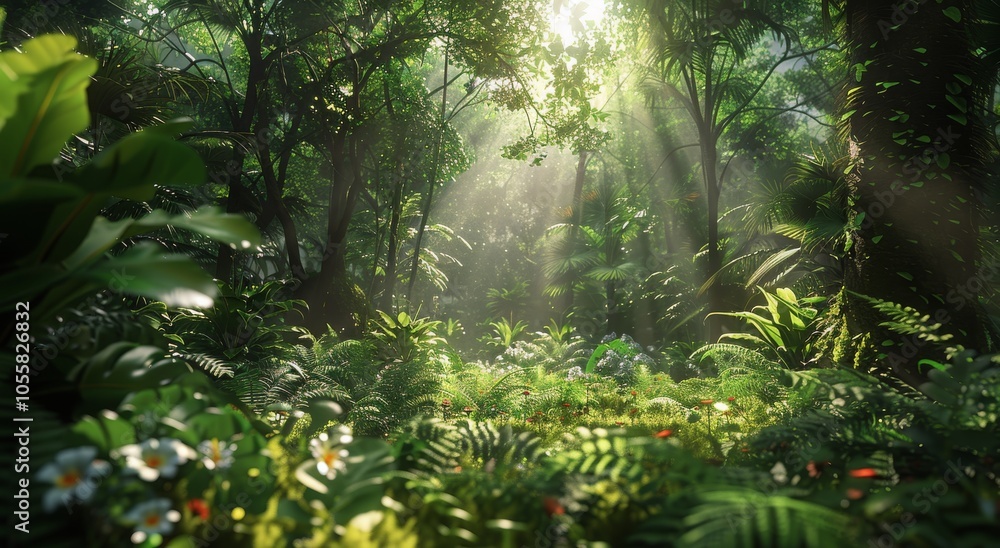 Lush Tropical Rainforest With Sunlight Streaming Through Canopy Lush Tropical Rainforest With Sunlight Streaming Through Canopy