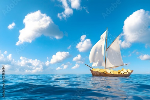 A sailboat with large sails on the sea, covered in gold coins, shining under the sunlight. The sky is blue with white clouds