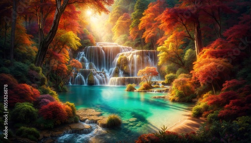 Autumn Waterfall with Colorful Leaves in the Forest. Peaceful Fall Waterfall Surrounded by Red and Orange Leaves. photo