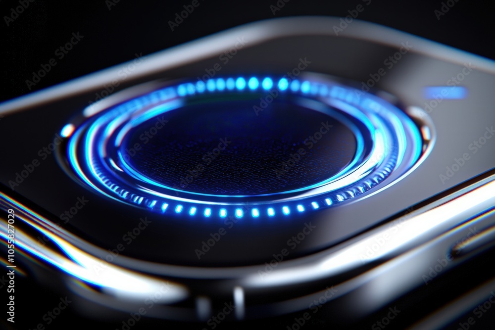 Futuristic Close-Up of a High-Tech Device with Blue Illuminated Elements and Sleek Design Futuristic Close-Up of a High-Tech Device with Blue Illuminated Elements and Sleek Design