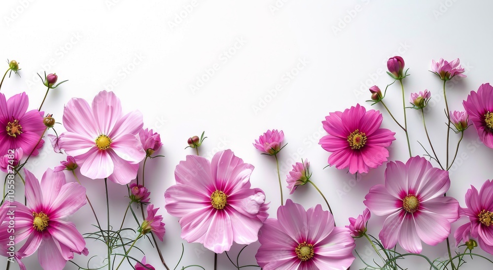 Fototapeta premium Pink Cosmos Flowers Arranged on White Background