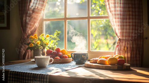 Warm and Cozy Kitchen Adorned with Gingham Curtains and Homemade Delicacies Ready to Be Enjoyed