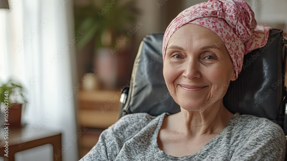 Smiling Woman in a Headscarf Sitting in a Chair Smiling Woman in a Headscarf Sitting in a Chair
