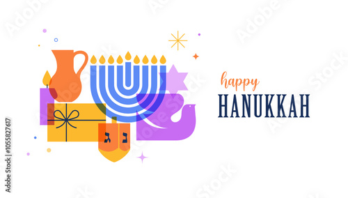 Happy Hanukkah banner, background, poster. Modern design for traditional holiday. Menorah, dove, candles and dreidel illustrations