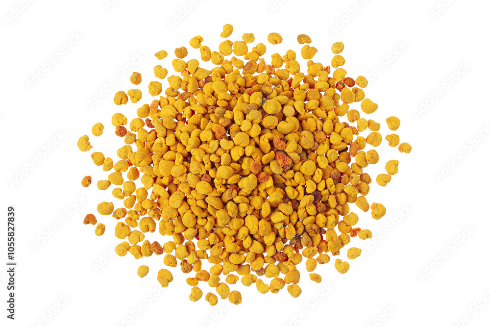 Bee pollen grains isolated on white background. Top view. Flat lay Bee pollen grains isolated on white background. Top view. Flat lay