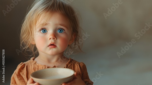 Blue-eyed child holding an empty plate, face filled with longing, standing against a simple, plain background. photo