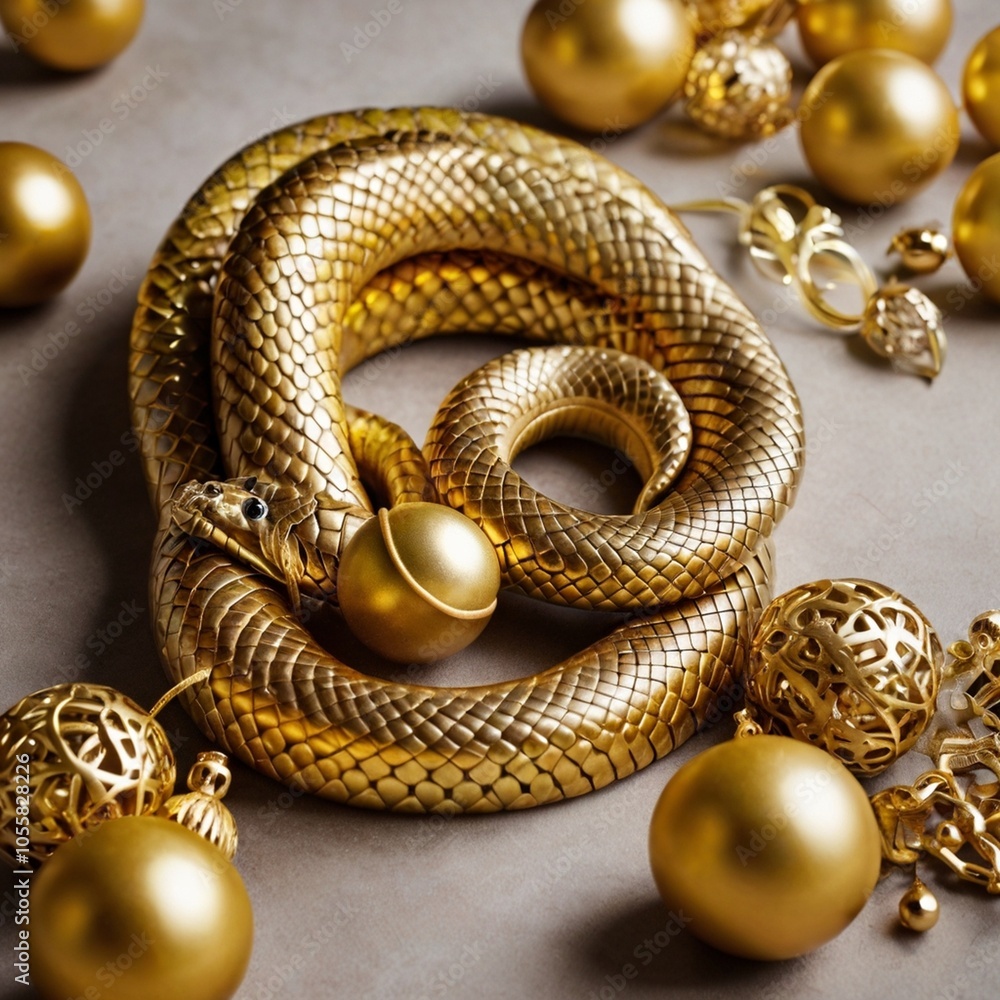Obraz premium A gold snake wrapped around golden festive decoration