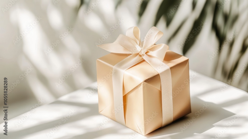A Gold Gift Box with a Delicate White Ribbon and Shadows A Gold Gift Box with a Delicate White Ribbon and Shadows