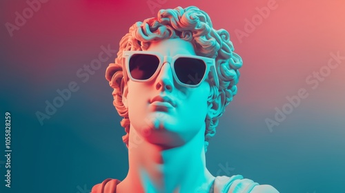 Greek sculpture in sunglasses with cyber lights, cinematic photo