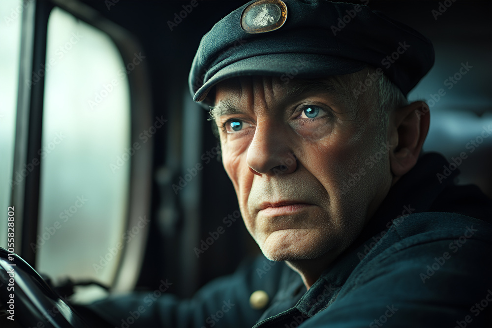 a man is a locomotive driver in a cap. a man is a locomotive driver in a cap.