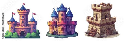 Colorful Castle Illustrations on Transparent Background