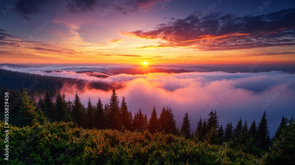 Sunrise over misty forest in green mountains with golden sun rays and soft morning fog in a serene natural landscape Sunrise over misty forest in green mountains with golden sun rays and soft morning fog in a serene natural landscape