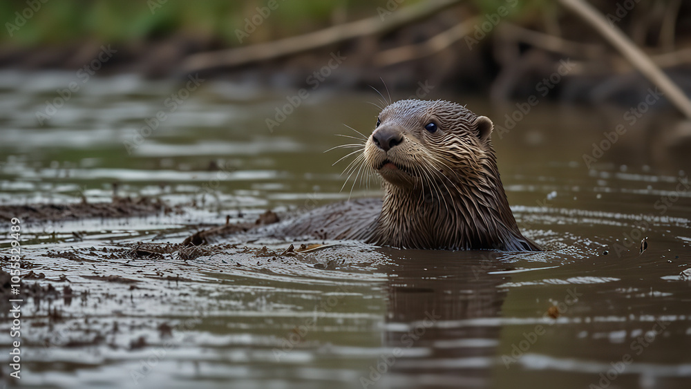 A playful otter sliding down a muddy bank. A playful otter sliding down a muddy bank.