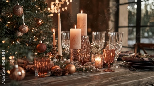 beautifully decorated Christmas table with candles and glasses near the Christmas tree