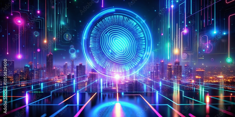 Fototapeta premium Futuristic Cybersecurity Interface Featuring Digital Fingerprint and Neon Lights for Enhanced Security Visualization