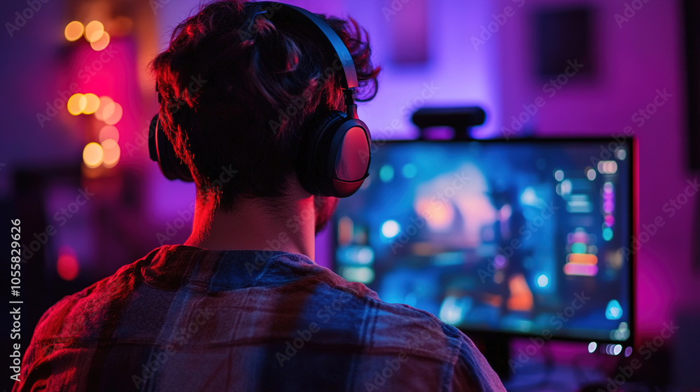 A gamer is playing on a computer in a room with a neon light. A gamer is playing on a computer in a room with a neon light.