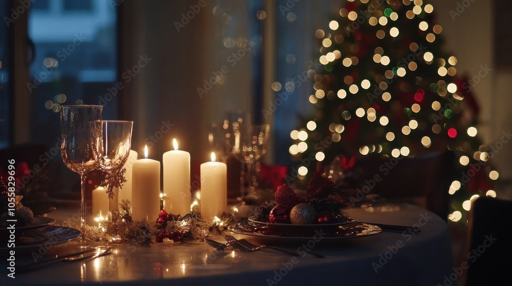 beautifully decorated Christmas table with candles and glasses near the Christmas tree beautifully decorated Christmas table with candles and glasses near the Christmas tree