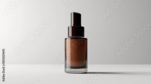 A sleek, modern glass bottle of foundation stands upright against a minimalist background, showcasing a rich, warm tone.