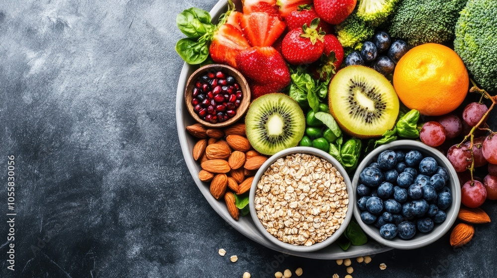 A balanced plate of colorful fruits, grains, and proteins on a dining table, representing the importance of daily healthy meals. A balanced plate of colorful fruits, grains, and proteins on a dining table, representing the importance of daily healthy meals.