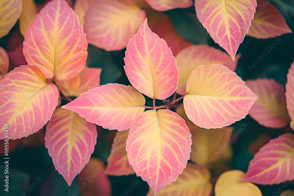 Colorful leaves with pink and yellow tones create a vibrant, natural pattern, showcasing the beauty of foliage in a lush environment. Colorful leaves with pink and yellow tones create a vibrant, natural pattern, showcasing the beauty of foliage in a lush environment.