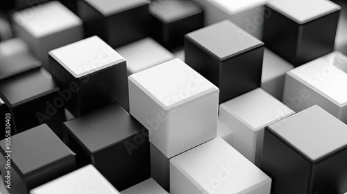 Dynamic black and white monochrome 3D cubes in a minimalist arrangement, offering space for text or product displays.