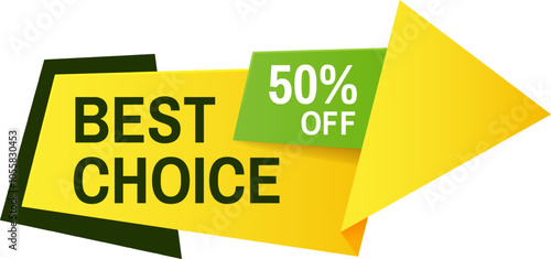 Vibrant yellow and green discount banner announcing a 50 percent off sale. Pointing to best choice deals for savvy shoppers. Attract attention with modern design and bold font.