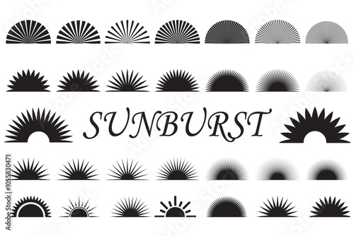 Sunburst vector icons set on white background. Set of vintage half sunburst, Sunrise collection in black color. Bursting, light, starburst rays, sunrise firework design elements. Vector Illustration.