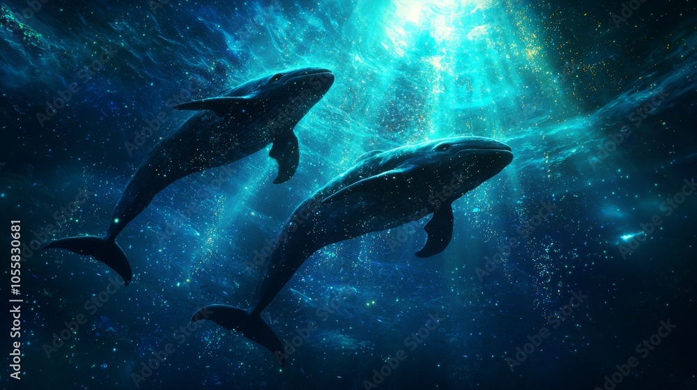 Obraz premium Underwater scene with two majestic whales swimming through bioluminescent particles in a deep ocean illuminated by sunlight