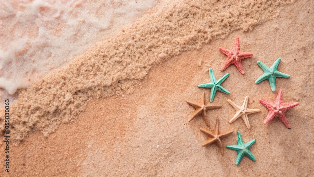 A collection of colorful starfish arranged on a sandy beach, with a delicate wave of foam marking the boundary between sand and water. A collection of colorful starfish arranged on a sandy beach, with a delicate wave of foam marking the boundary between sand and water.