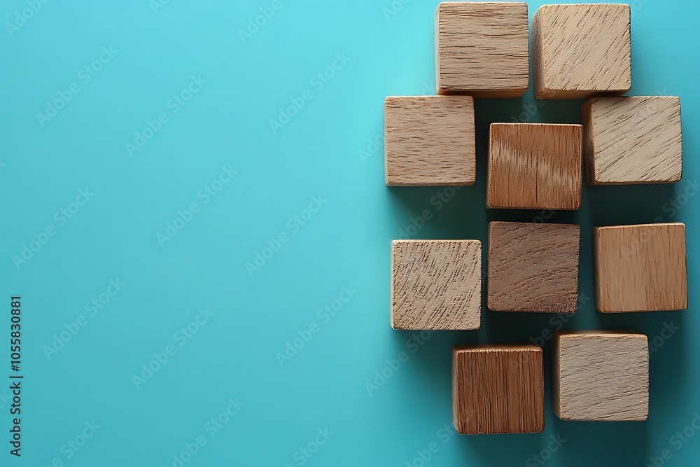 Simple Wooden Blocks Arrangement on Blue Background Simple Wooden Blocks Arrangement on Blue Background