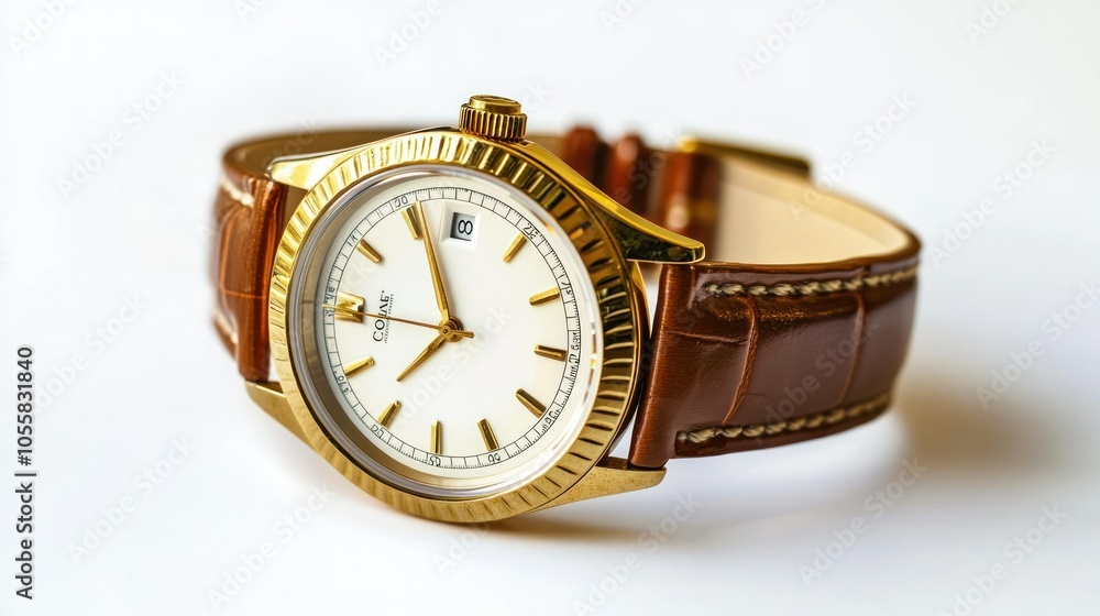 Gold and Leather Wristwatch on a White Background Gold and Leather Wristwatch on a White Background